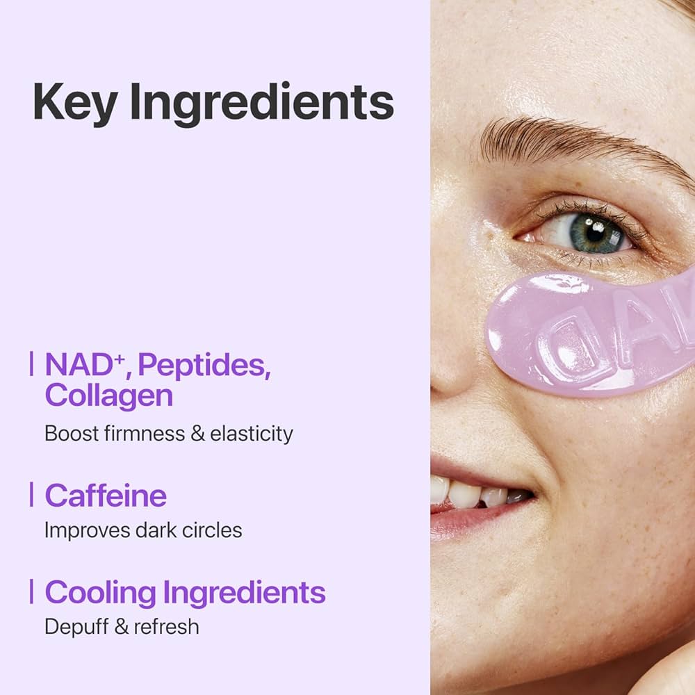 Product packaging with key ingredients listed on a purple background, featuring a close-up of a person's eye with a patch.
