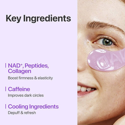 Product packaging with key ingredients listed on a purple background, featuring a close-up of a person's eye with a patch.