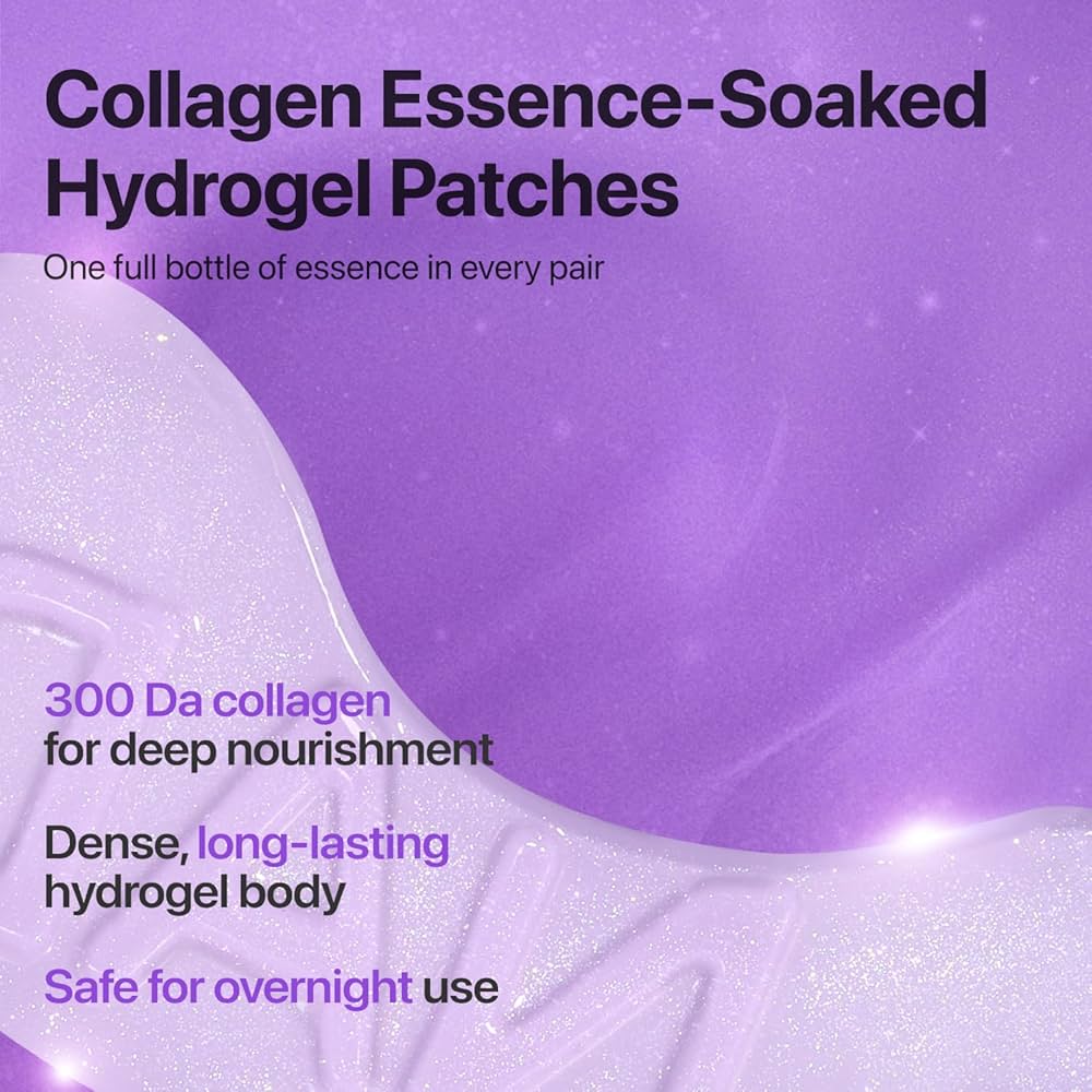 Advertisement for collagen essence-soaked hydrogel patches with purple background and text.