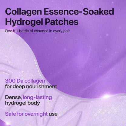 Advertisement for collagen essence-soaked hydrogel patches with purple background and text.