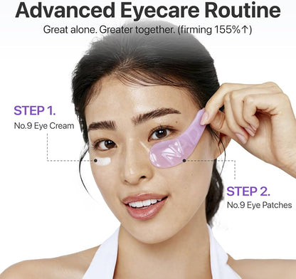 Woman applying eye cream and patches with text on an advanced eyecare routine.