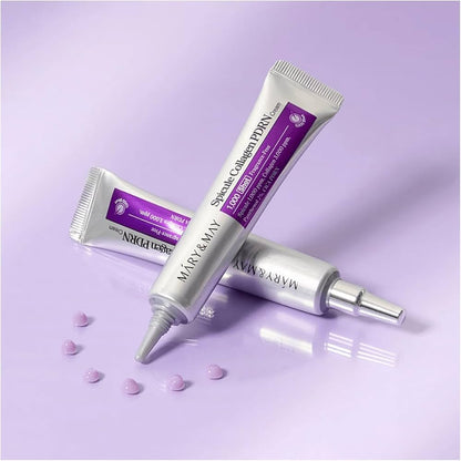 Two skincare products with purple labels on a light purple background