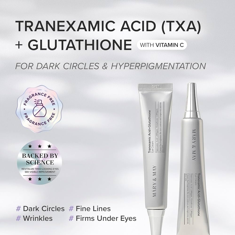 Mary & May Tranexamic Acid (TXA) + Glutathione skincare products with text on a light gray background.
