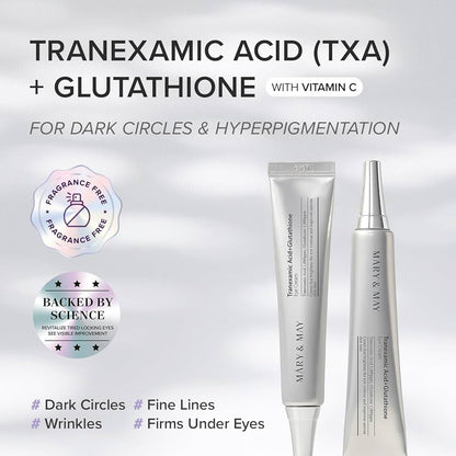 Mary & May Tranexamic Acid (TXA) + Glutathione skincare products with text on a light gray background.