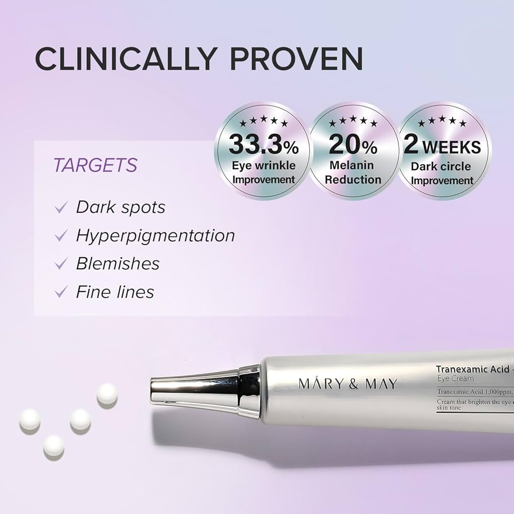 Mary & May eye cream with clinical benefits on a light purple background