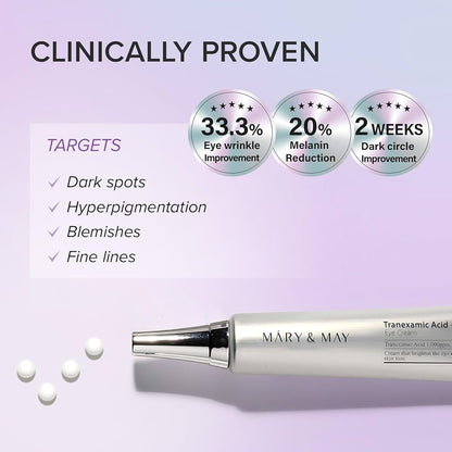 Mary & May eye cream with clinical benefits on a light purple background