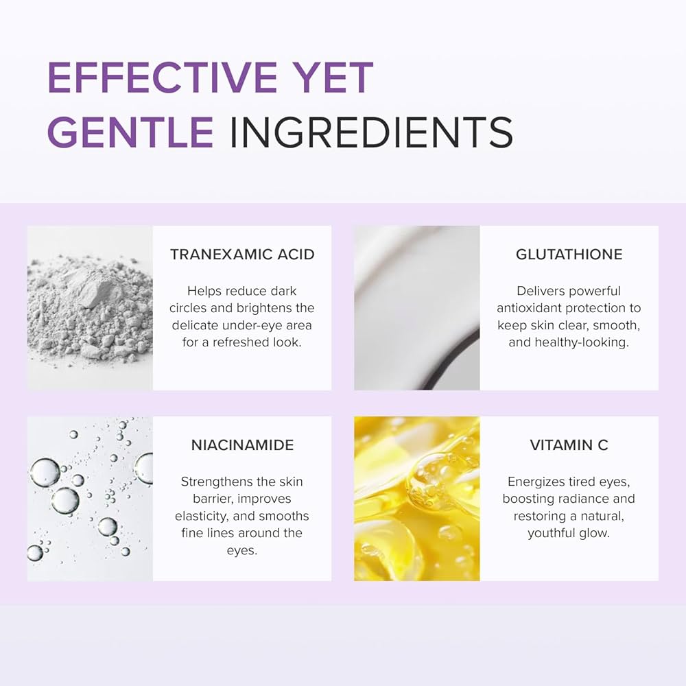 Product packaging with ingredients and their benefits on a light purple background