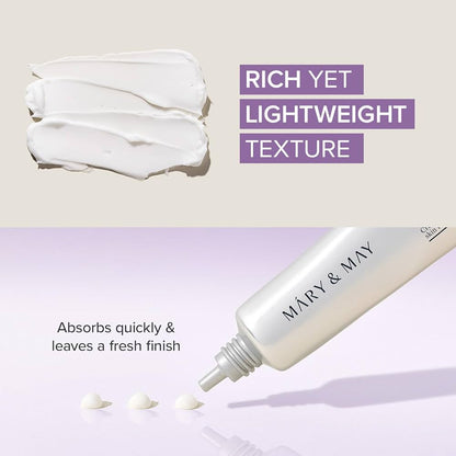 Product with 'Mary & May' branding, showing texture and application on a light background.