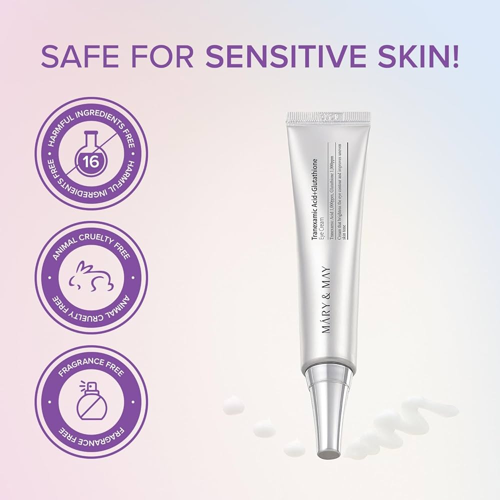 Skincare tube with 'Safe for Sensitive Skin' text and icons on a light purple background