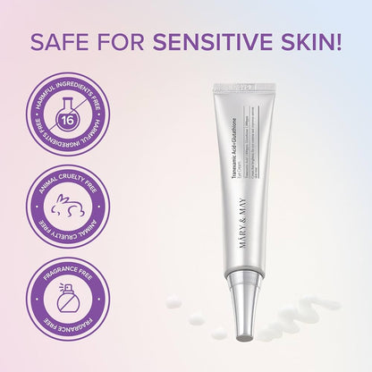 Skincare tube with 'Safe for Sensitive Skin' text and icons on a light purple background