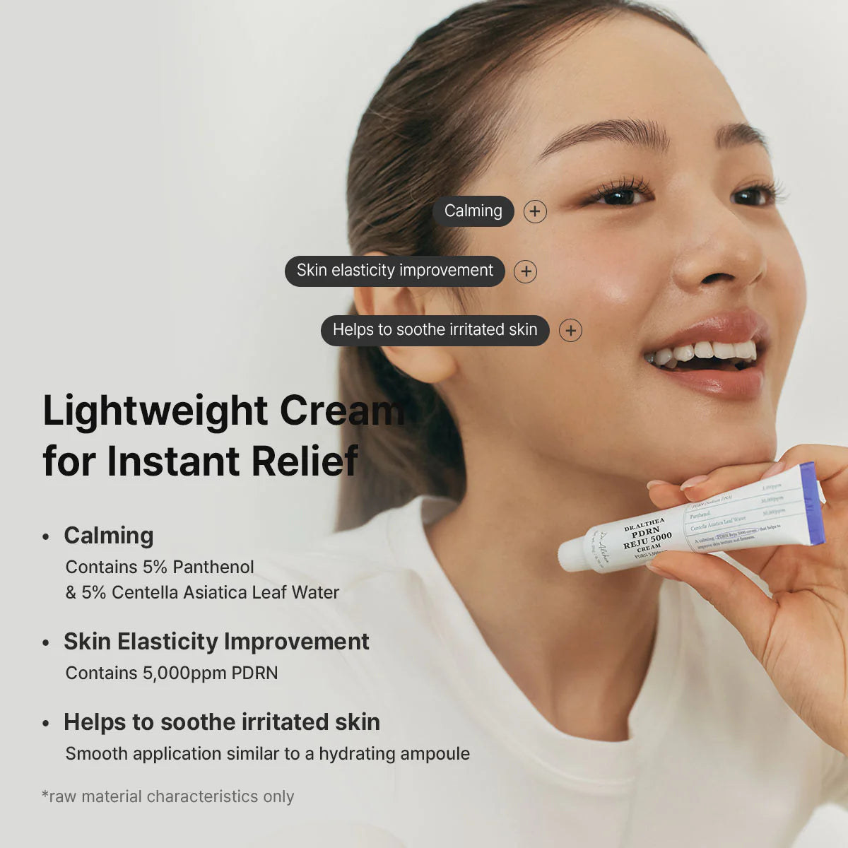Woman holding a tube of dr althea reju 5000 PDRN cream with product features highlighted on a light background