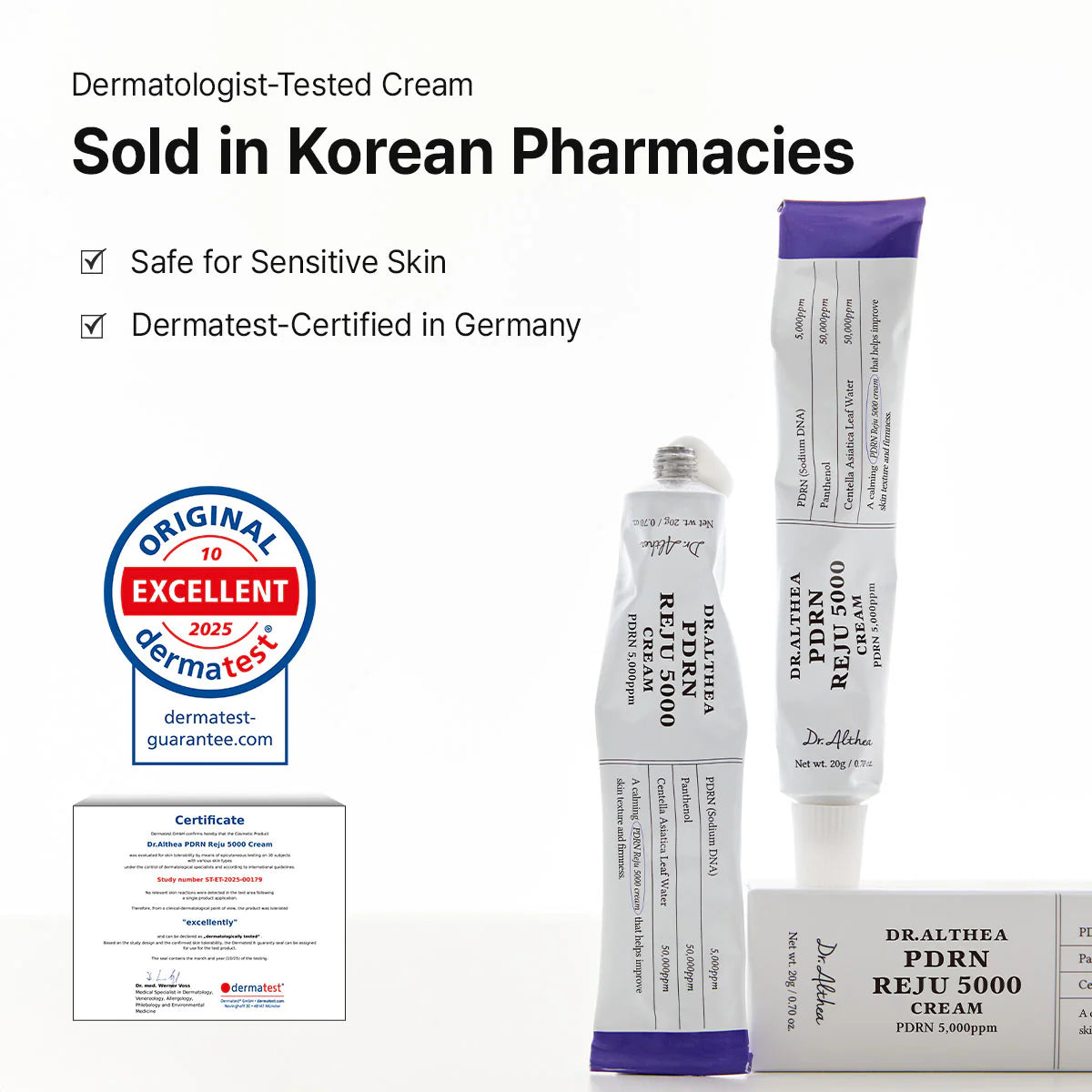 Dr. Althea PDRN 5000 cream packaging with dermatologist certification on a white background