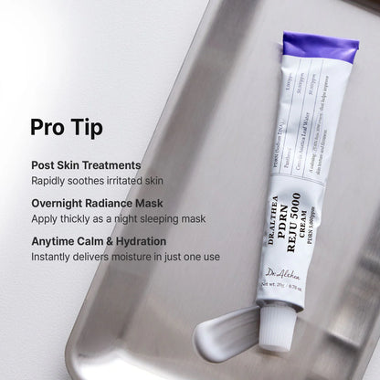 Tube of Dr. Althea cream on a metallic tray with text about skincare benefits.