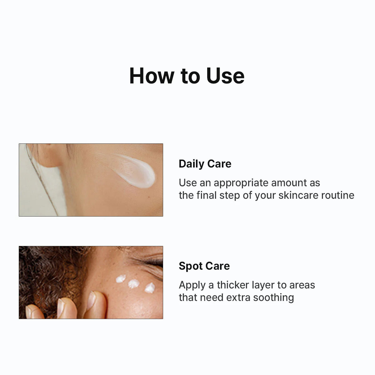 Instructions on how to use a skincare product with images of application on skin.