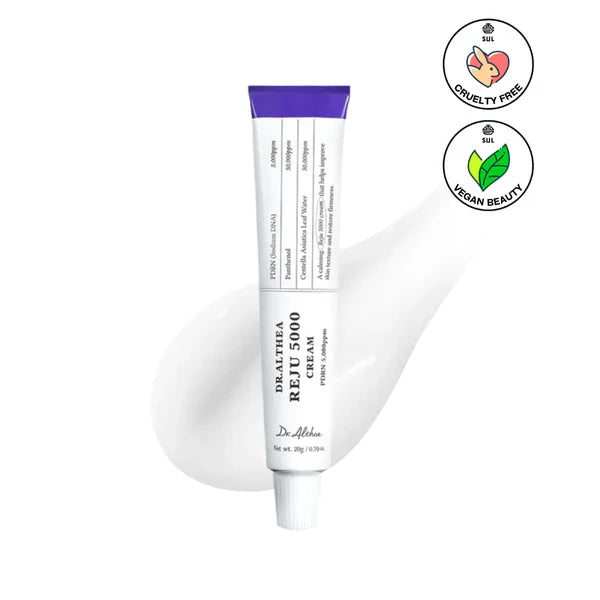Tube of Dr. Althea Reju 5000 Cream with cruelty-free and vegan beauty certification icons on a white background