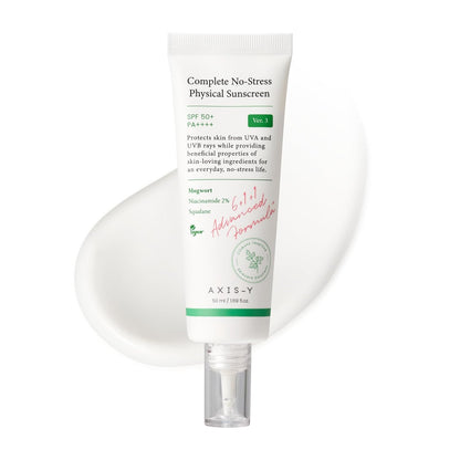 Tube of AXIS-Y Complete No-Stress Physical Sunscreen on a white background
