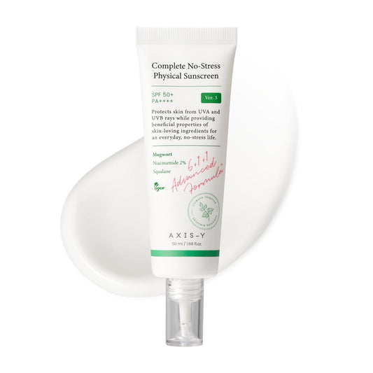 Tube of AXIS-Y Complete No-Stress Physical Sunscreen on a white background