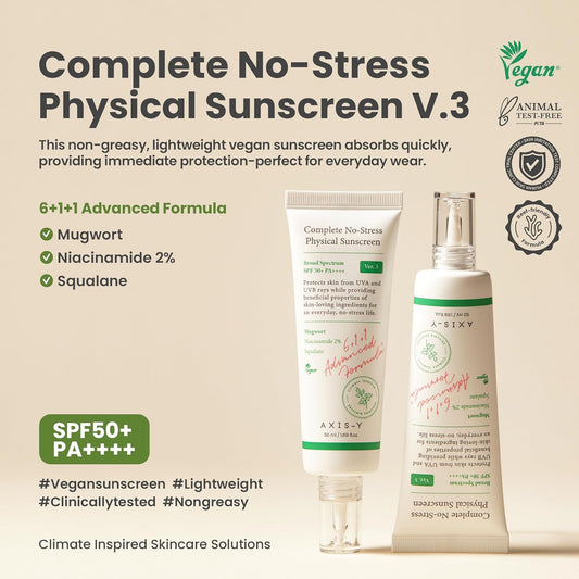 Axis-Y Complete No-Stress Physical Sunscreen V.3 with product packaging and features on a beige background