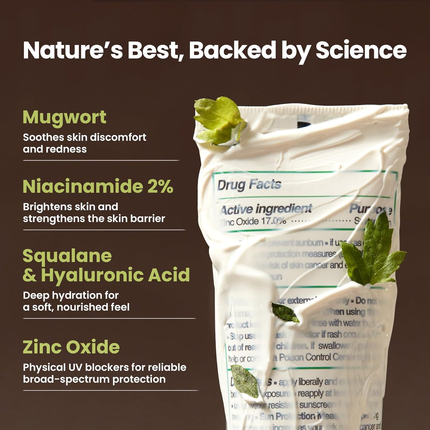 Product packaging with ingredients listed on a brown background