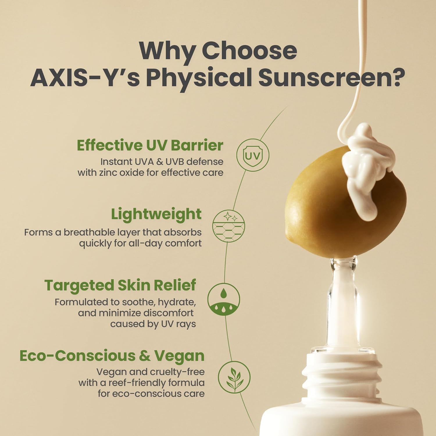 Axis-Y sunscreen bottle with text highlighting features on a beige background
