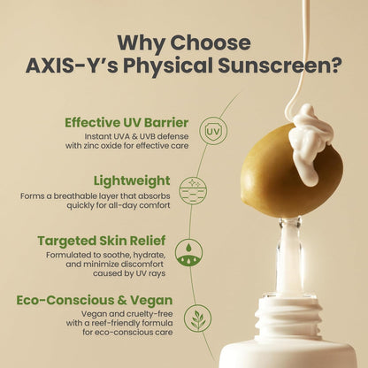 Axis-Y sunscreen bottle with text highlighting features on a beige background