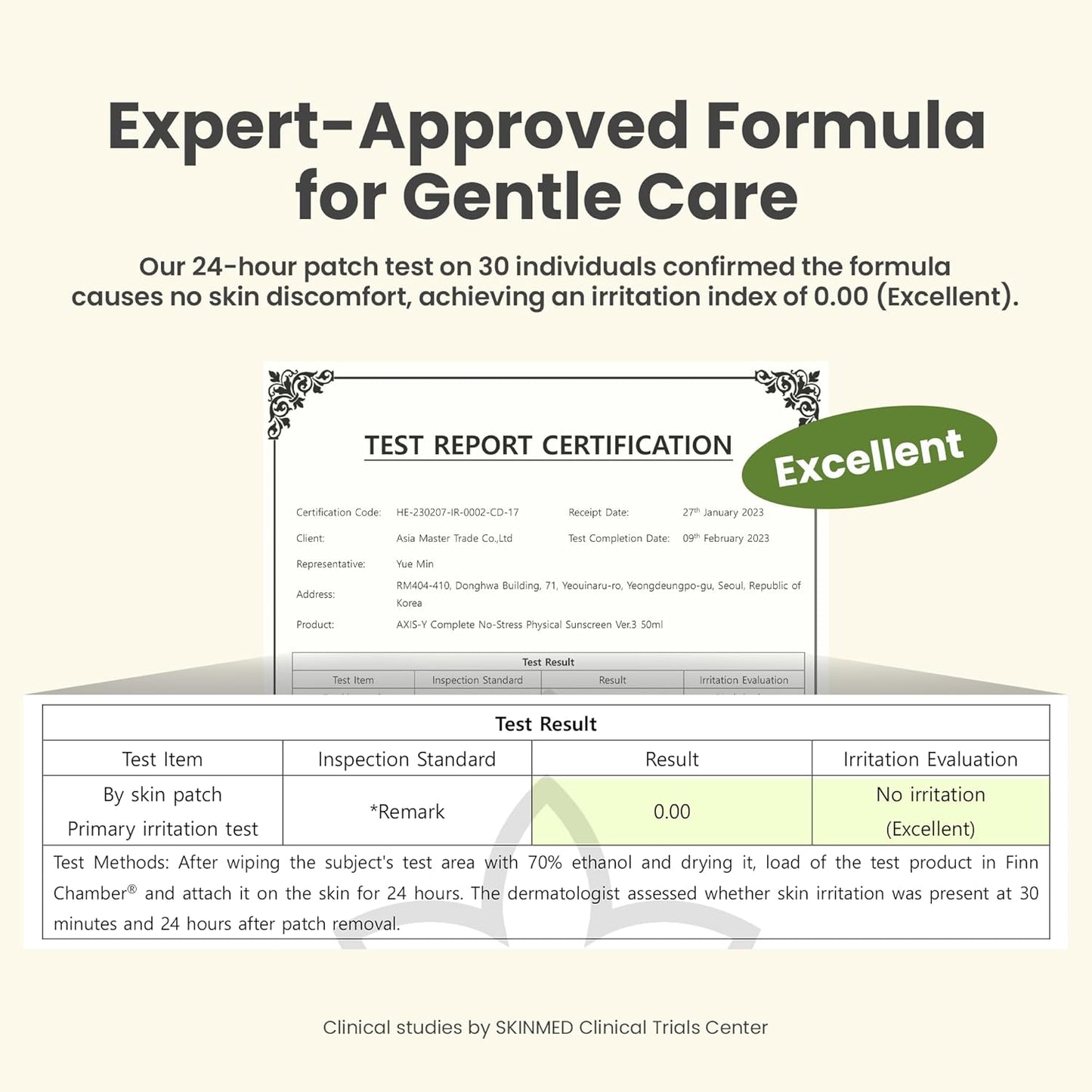 Product packaging with test report certification and expert-approved formula text.