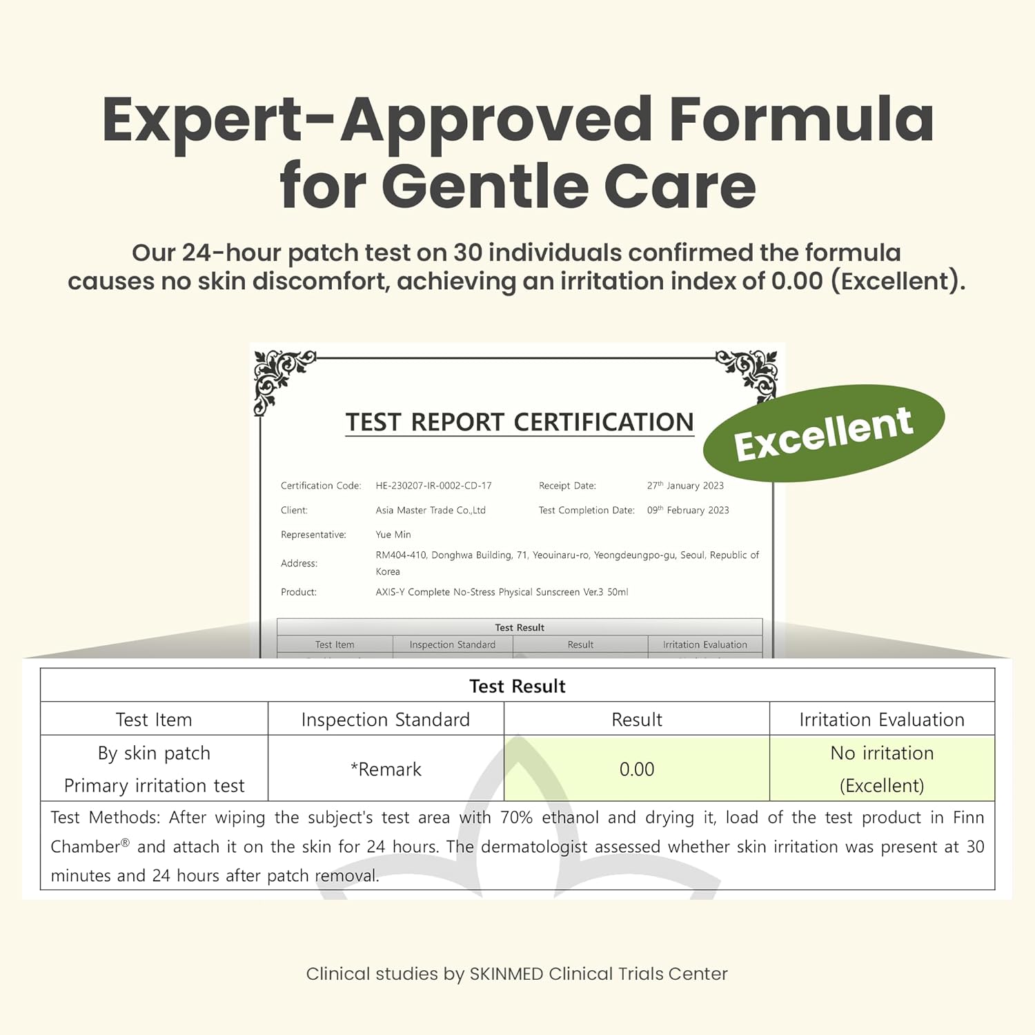 Product packaging with test report certification and expert-approved formula text.