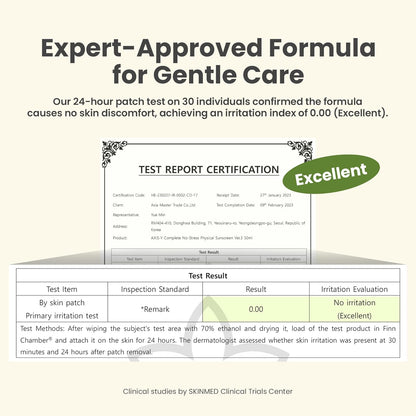 Product packaging with test report certification and expert-approved formula text.