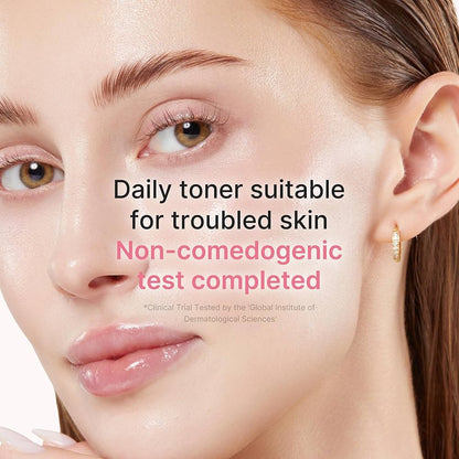 Close-up of a woman's face with text about a daily toner suitable for troubled skin.