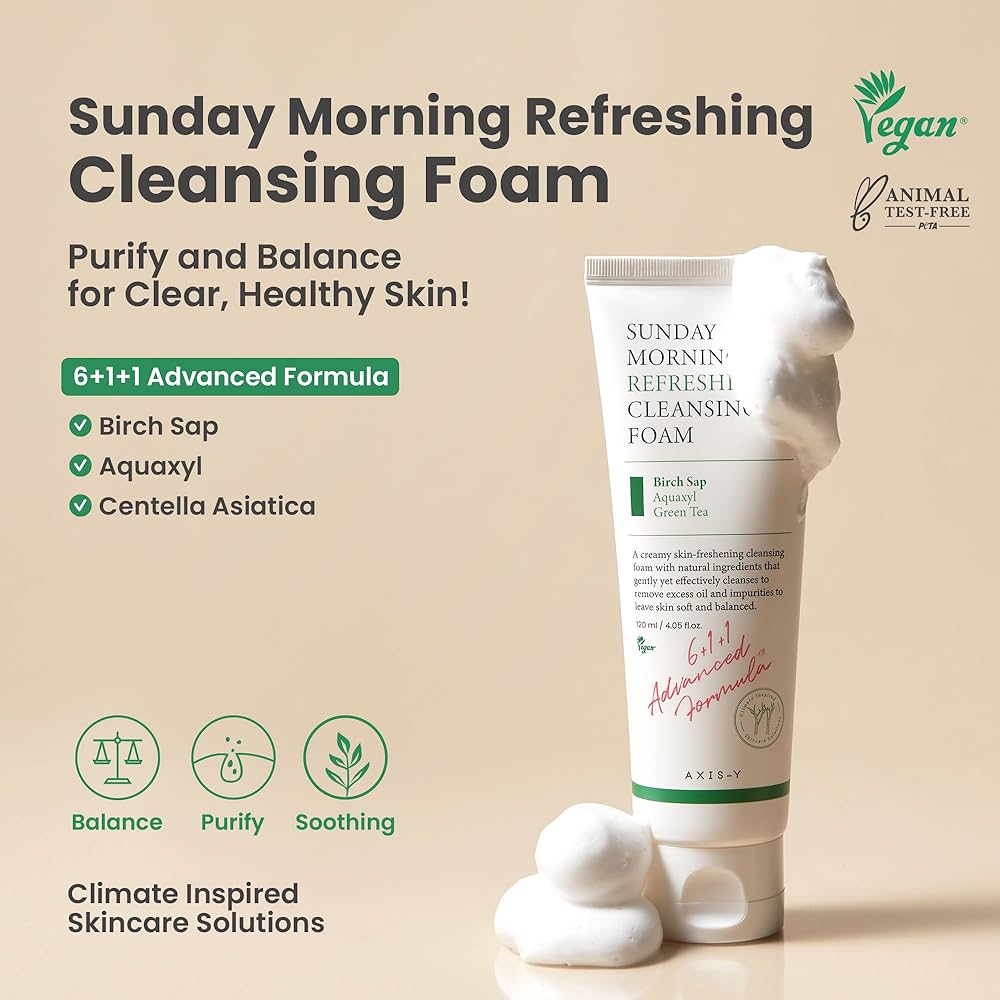 Cleansing foam tube with packaging details on a beige background
