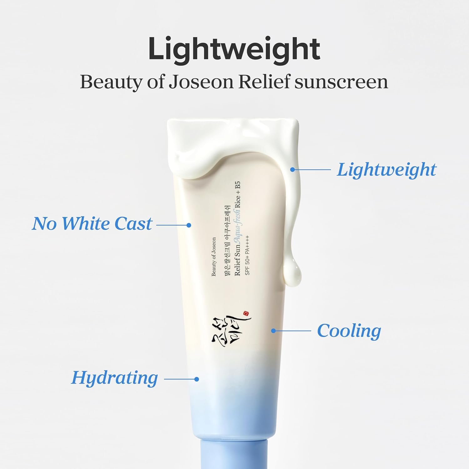 Sunscreen tube with text highlighting its features on a light gray background