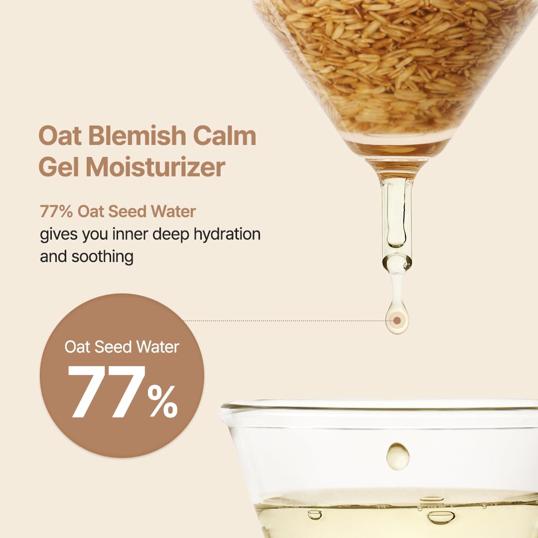 Oat blemish calm gel moisturizer with oat seed water droplet and text on a beige background