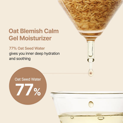 Oat blemish calm gel moisturizer with oat seed water droplet and text on a beige background