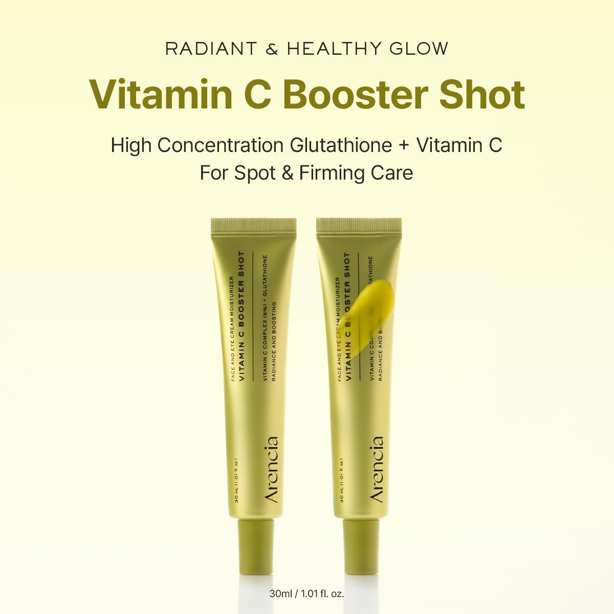 Two Arancia Vitamin C Booster Shot tubes on a light yellow background with text about product benefits.
