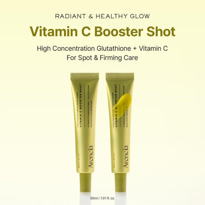 Two Arancia Vitamin C Booster Shot tubes on a light yellow background with text about product benefits.