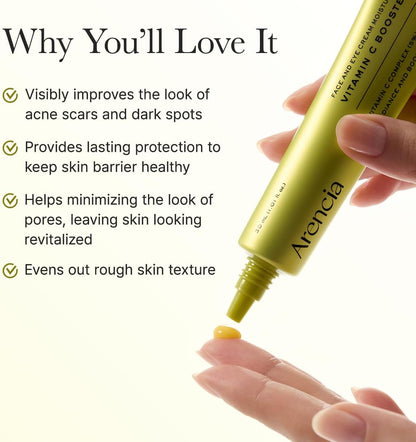 Gold tube of skincare product with text highlighting benefits on a white background