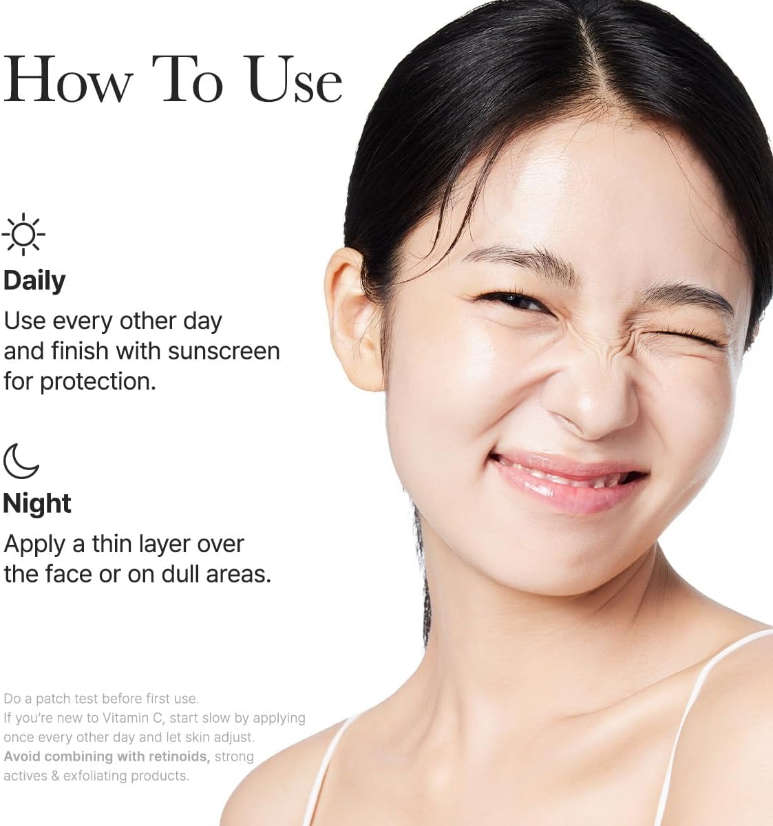 Woman with clear skin and instructions on how to use a product daily and nightly.