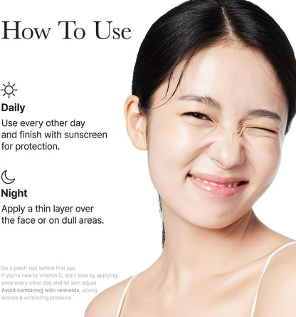 Woman with clear skin and instructions on how to use a product daily and nightly.