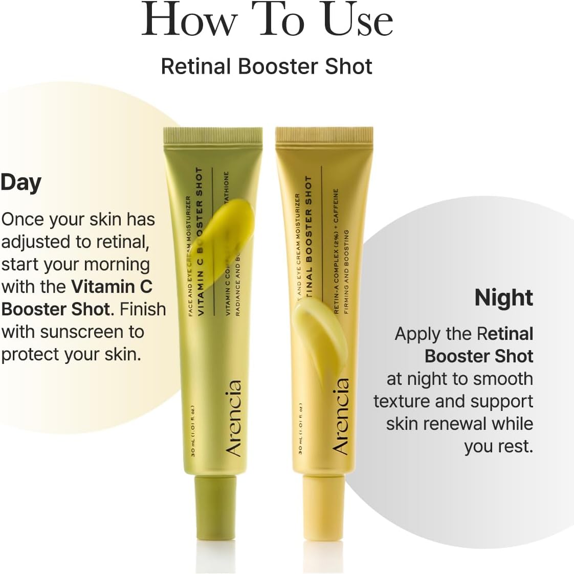 Two Arancia Vitamin C and Retinol Booster Shot tubes with usage instructions on a white background.