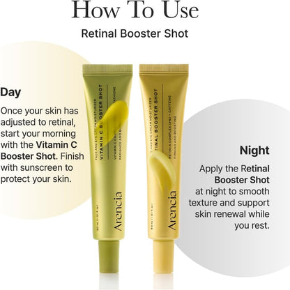 Two Arancia Vitamin C and Retinol Booster Shot tubes with usage instructions on a white background.