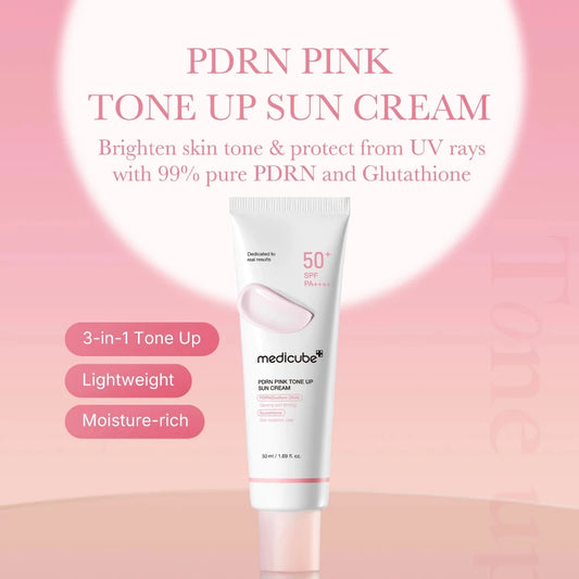 Medicube PDRN Pink Tone Up Sun Cream on a pink background