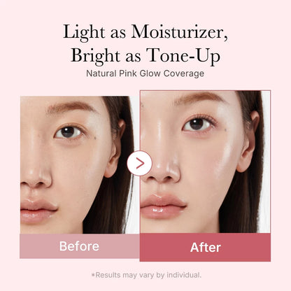 Before and after comparison of a natural pink glow coverage on a person's face.