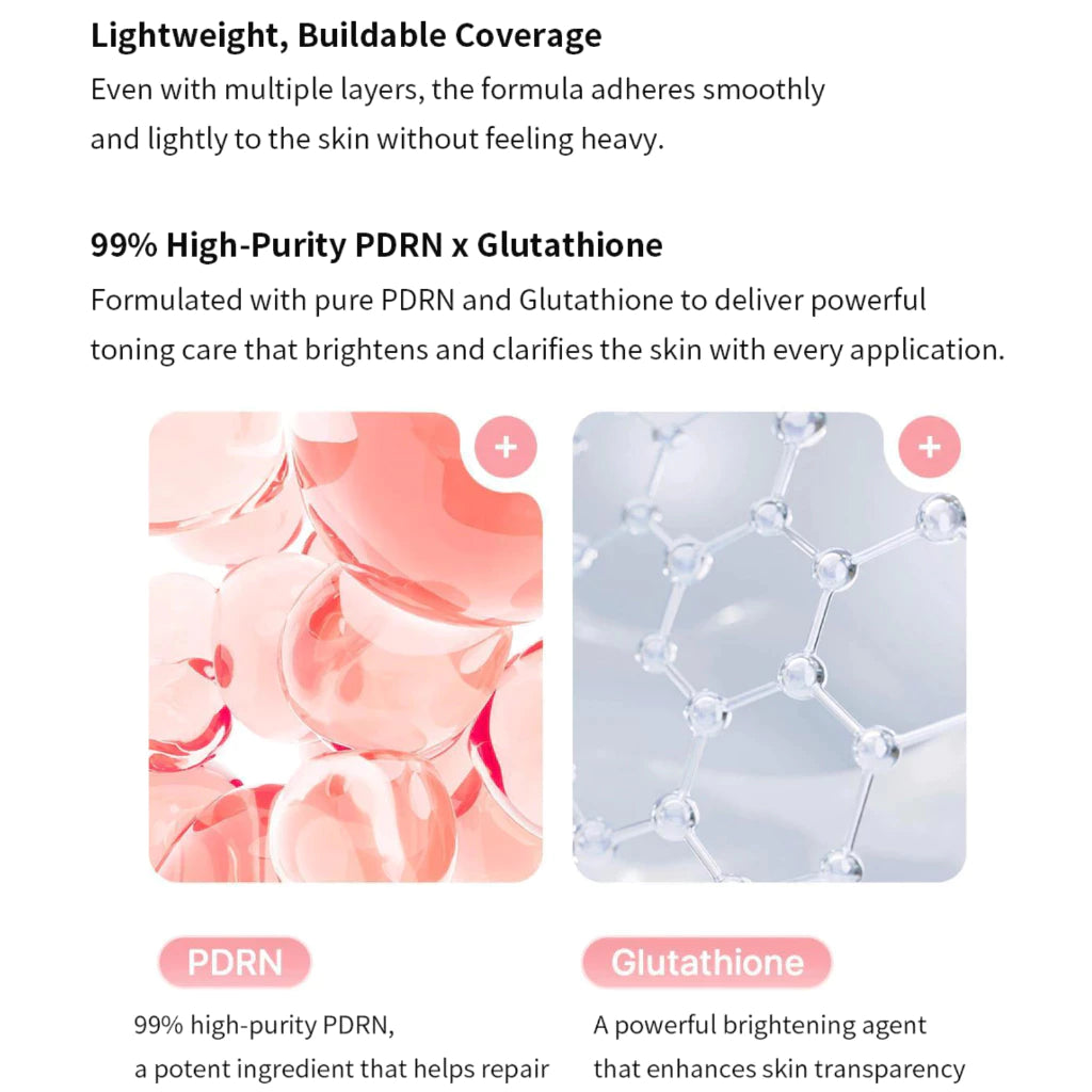 Product description with PDRN and Glutathione graphics and text on a white background