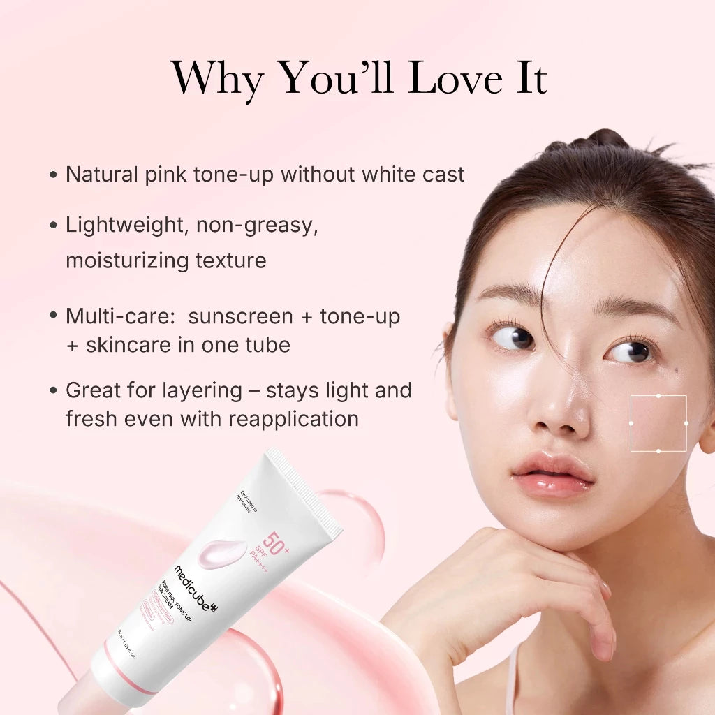 Woman applying skincare product with text highlighting its benefits on a pink background