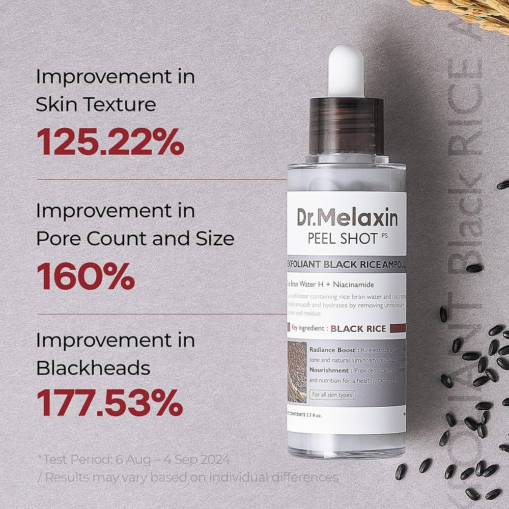 Dr. Melaxin peel shot product with black rice seeds on a gray background