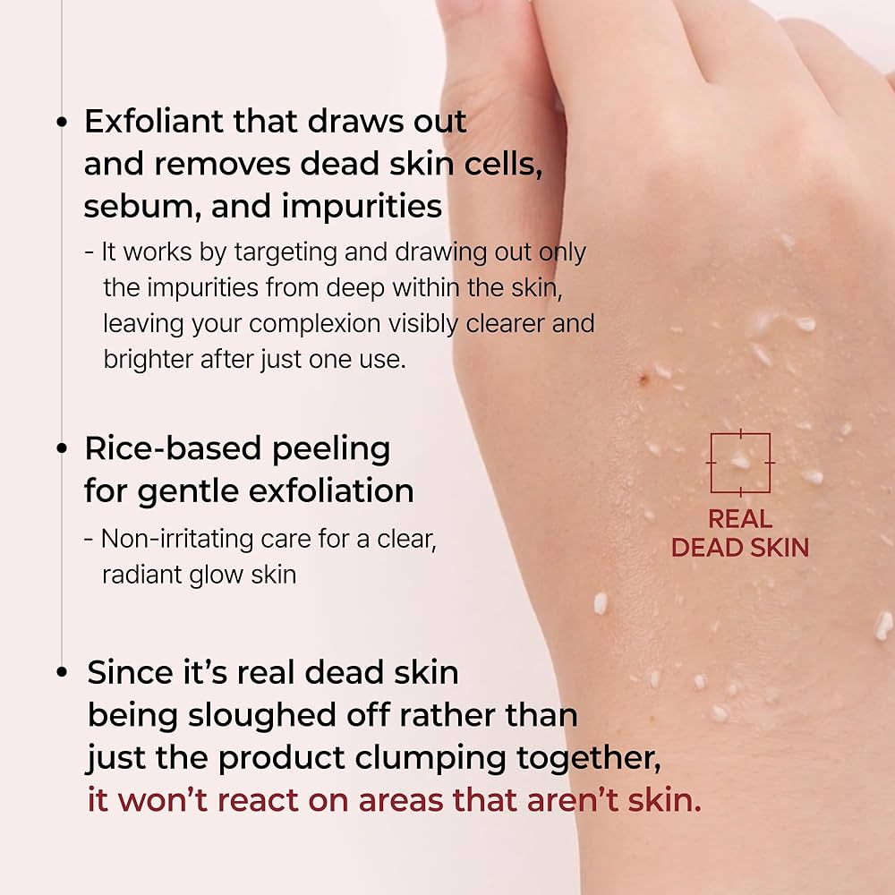 Exfoliant Dr.Melaxin Peel Black rice shot with text about its benefits on a light background