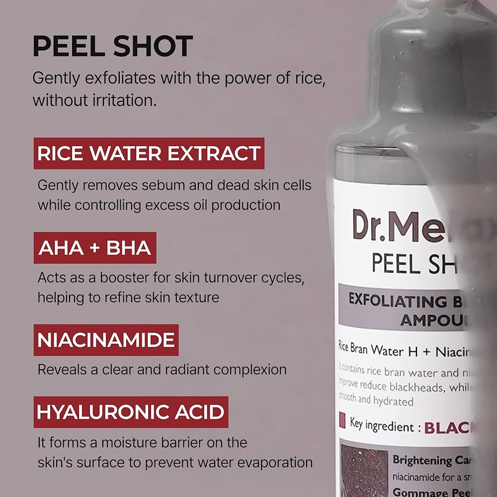 Dr. Me Peel Shot bottle with ingredients listed on a gray background