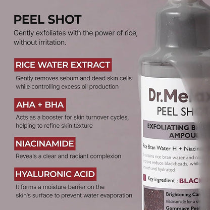 Dr. Me Peel Shot bottle with ingredients listed on a gray background