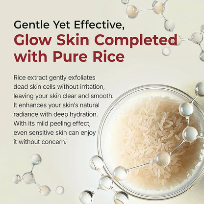 Advertisement for a skincare product with rice extract, showing text about its benefits.