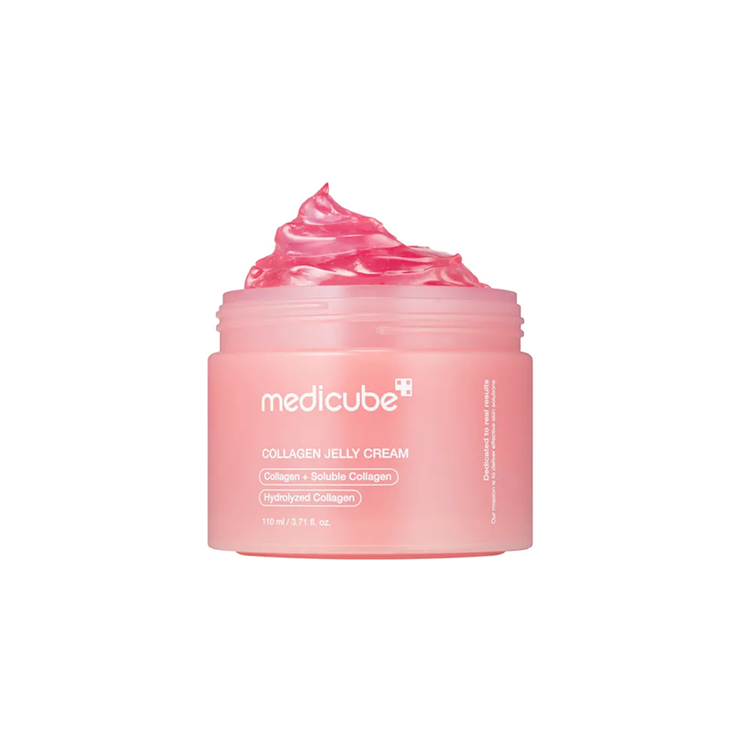 Pink jar of Medicube Collagen Jelly Cream on a white background